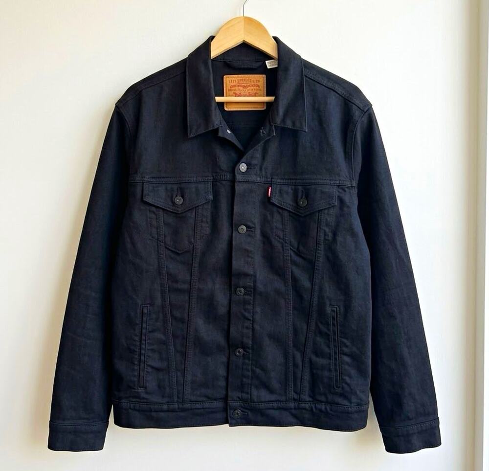 Levis Premium Mens Trucker Jacket XXL Black Denim Big E Waterless Canvas Twill